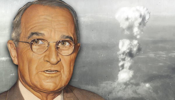 Truman with atomic blast backdrop