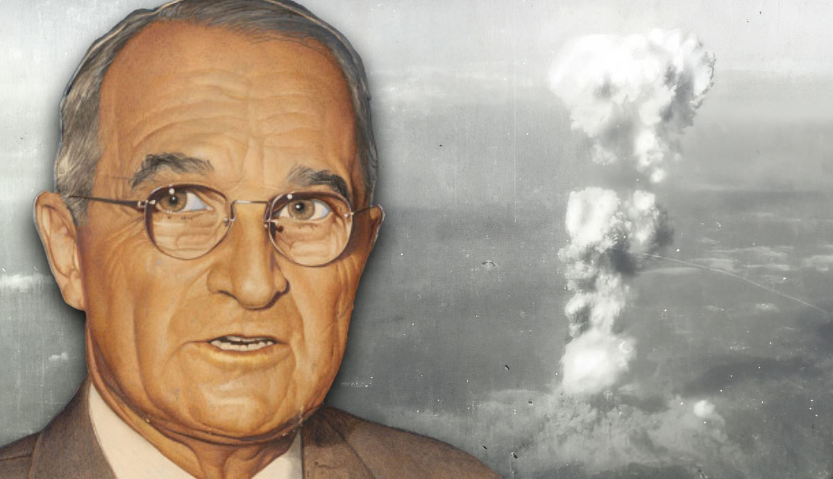Truman with atomic blast backdrop