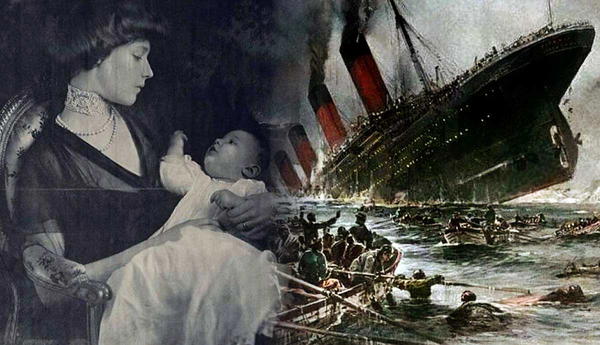 Mother and baby beside Titanic sinking