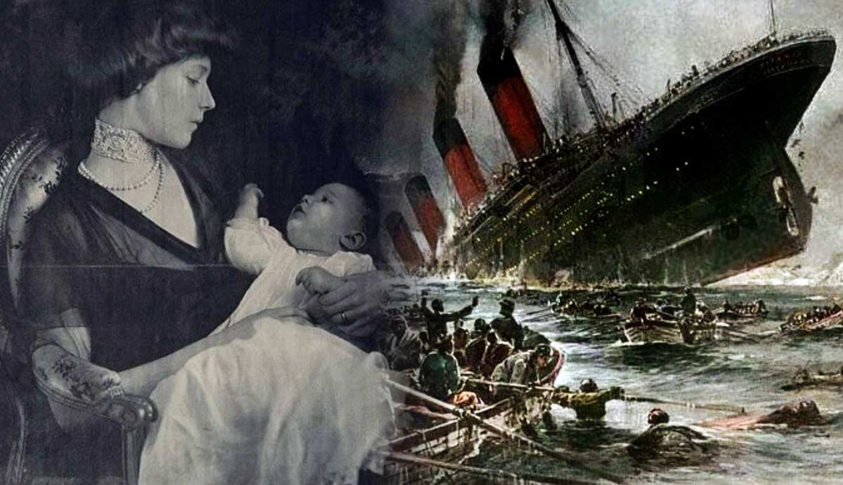 Mother and baby beside Titanic sinking