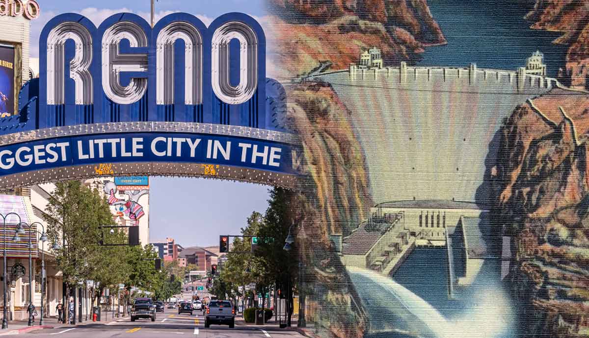 Reno sign and Hoover Dam illustration