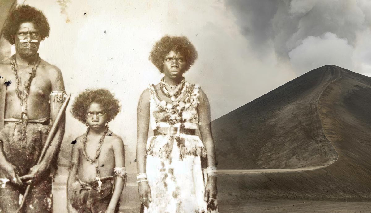 Pacific Islanders beside volcanic landscape