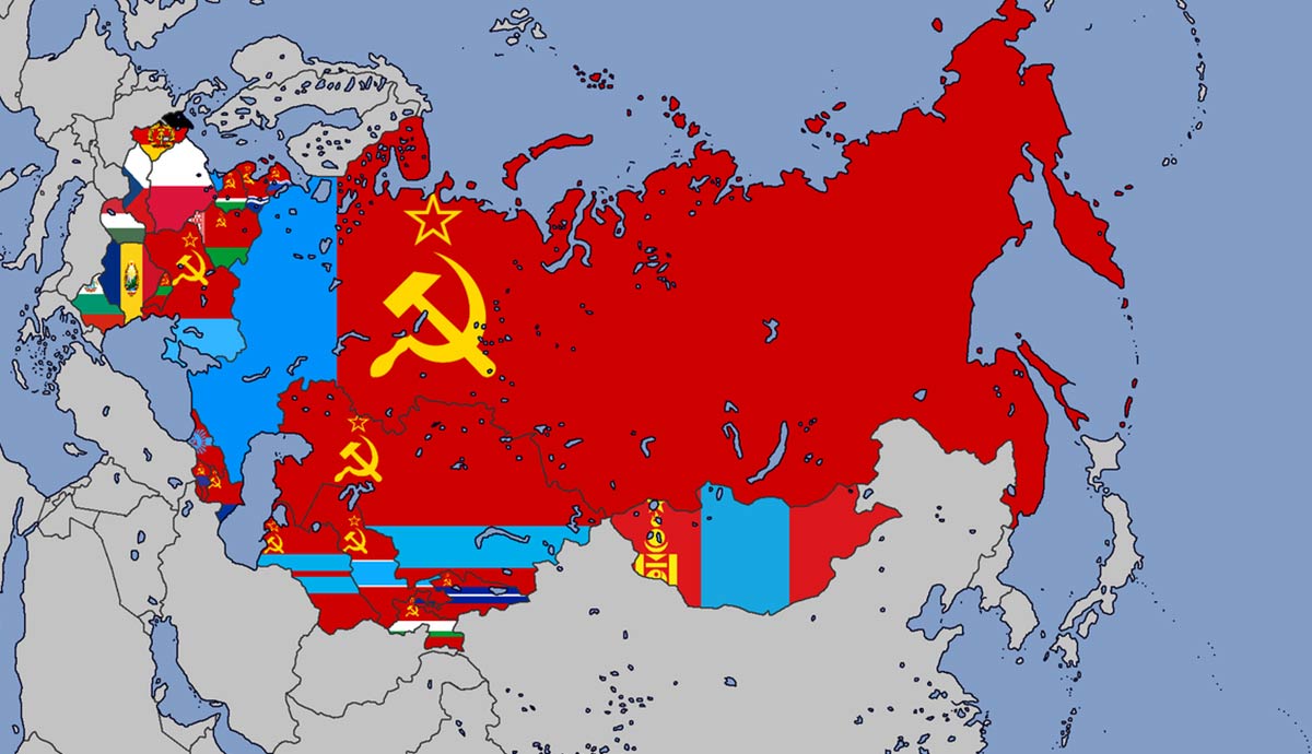 Soviet-themed world map with communist flags