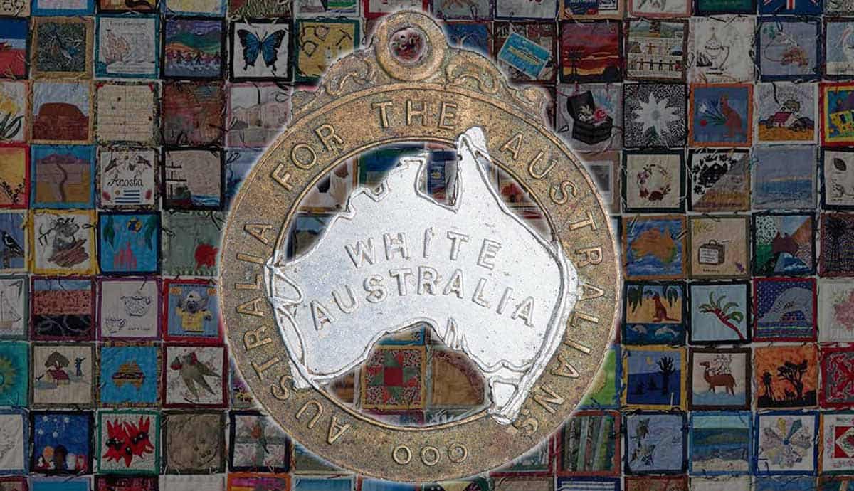 White Australia badge over quilted artwork