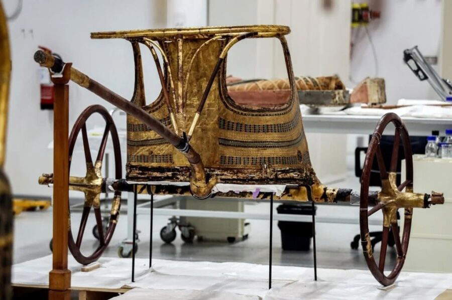 Golden chariot of King Tutankhamun in the new conservation lab at the Grand Egyptian Museum