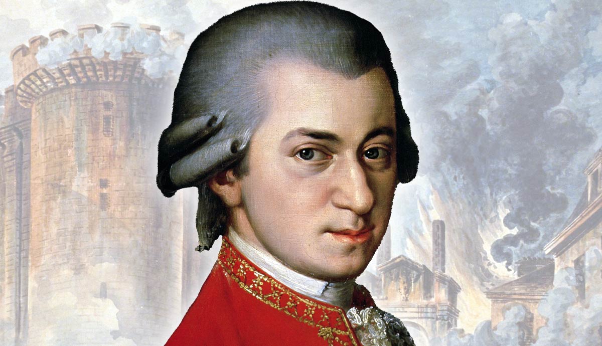 Mozart portrait set against Bastille ruins