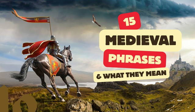 Knight galloping past medieval-style text banner