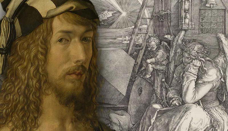 Dürer self-portrait with *Melencolia I* engraving