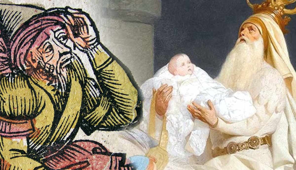 Medieval depiction of Merlin and baby