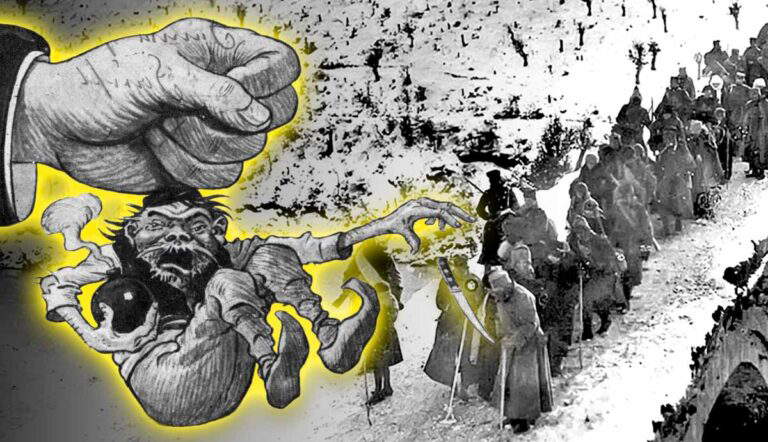 Serbian refugees crossing Vizier’s Bridge and wartime propaganda postcard
