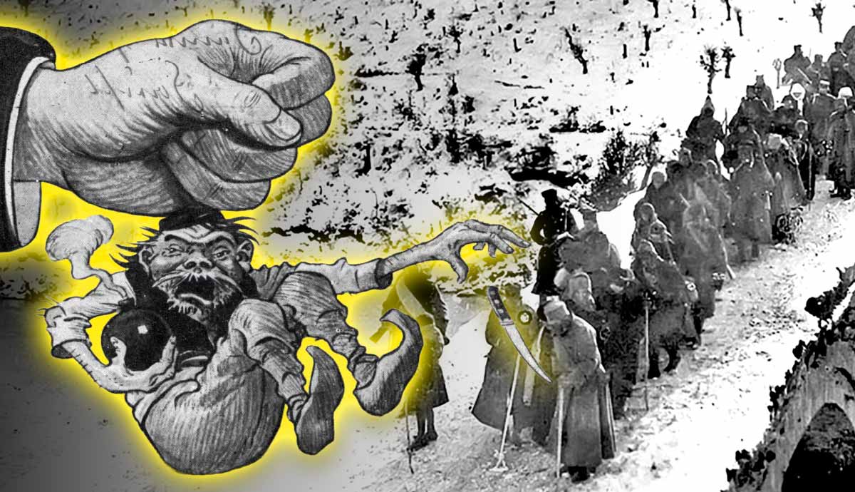 Serbian refugees crossing Vizier’s Bridge and wartime propaganda postcard