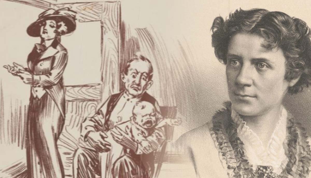 Suffragist portrait with vintage gender-roles cartoon