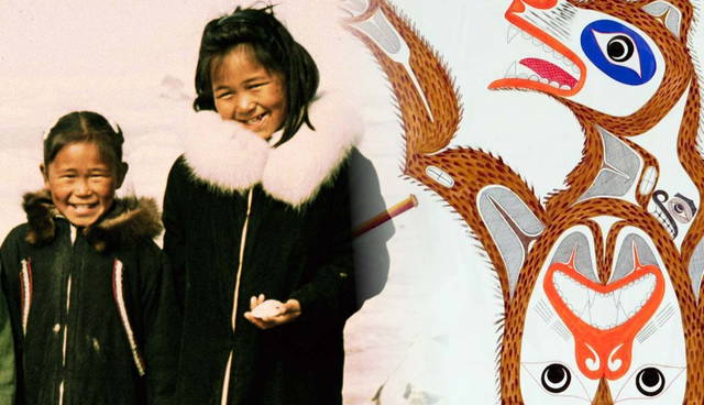 Inuit children beside traditional animal artwork