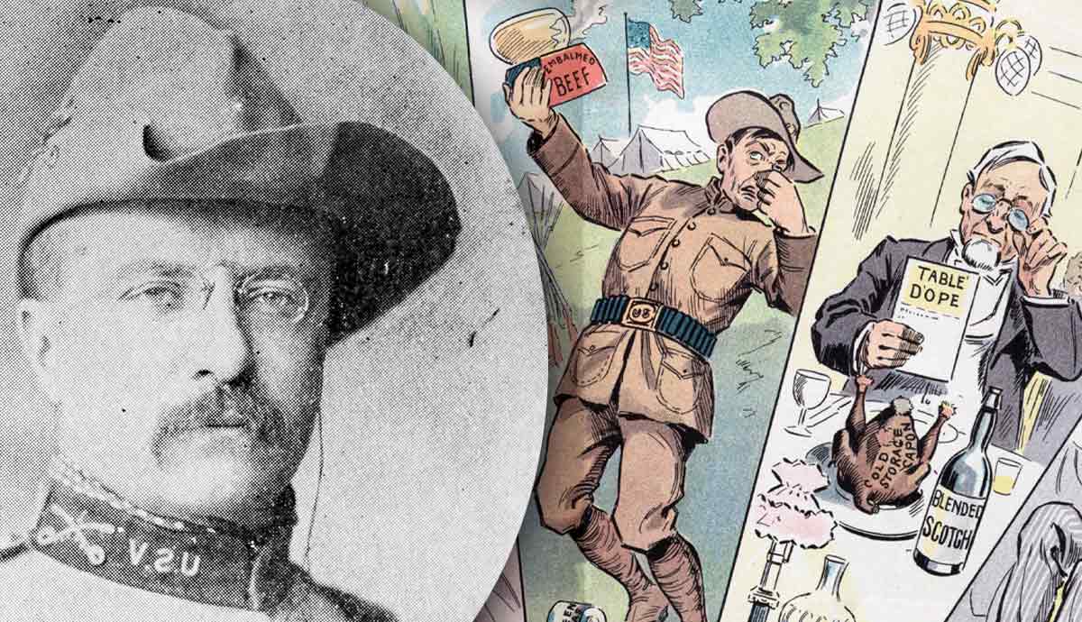 Soldier portrait beside satirical military cartoon