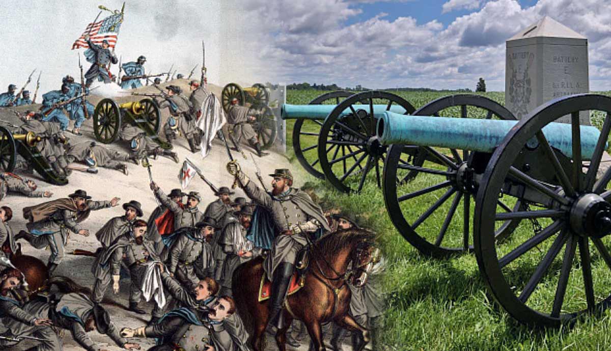 Civil War battlefield clash and cannon memorial