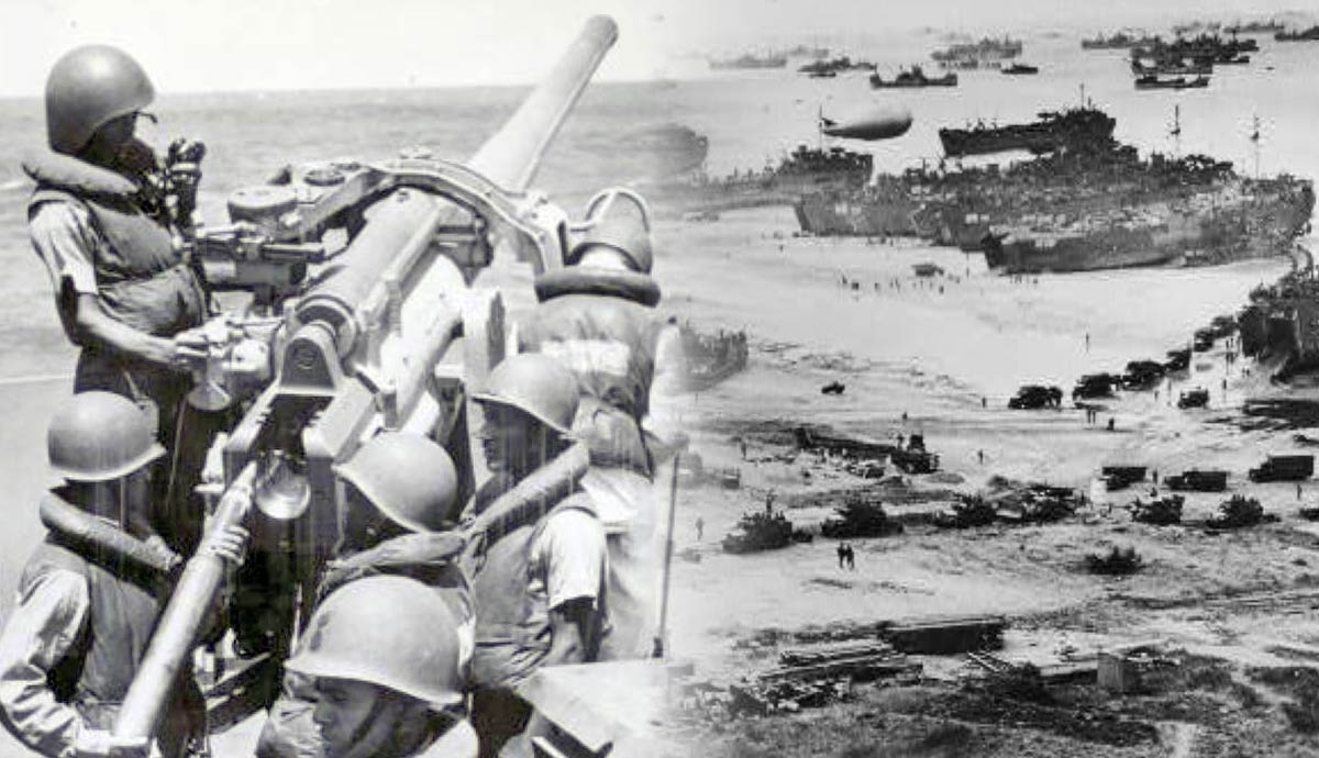 D-Day artillery and beach landing scenes