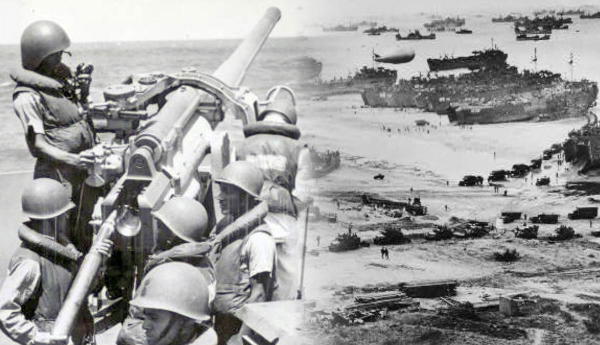 D-Day artillery and beach landing scenes