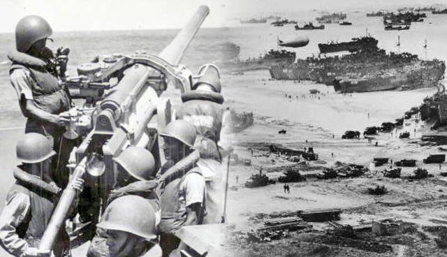 D-Day artillery and beach landing scenes