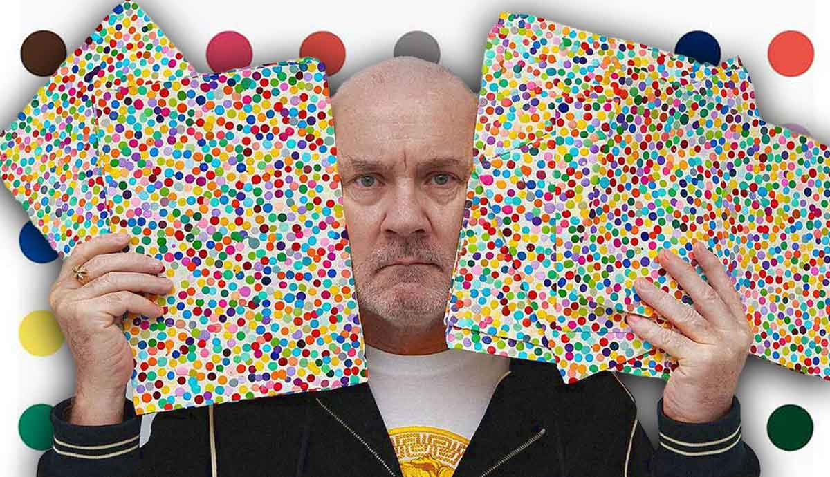 Hirst with multiple dot paintings to burn