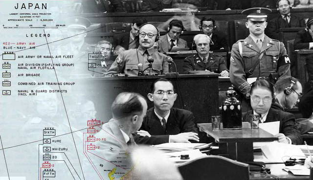 War-crimes tribunal beside annotated Japan map