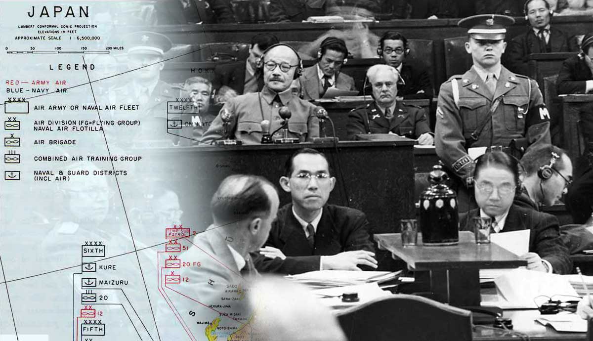War-crimes tribunal beside annotated Japan map