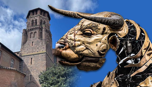 Toulouse tower beside mechanical bull