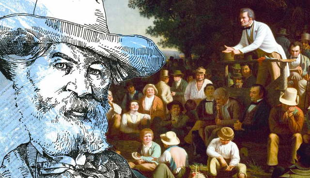 Walt Whitman portrait and 19th-century public gathering