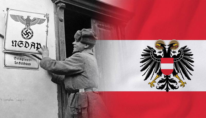 Allied soldier removes Nazi signage beside Austrian flag