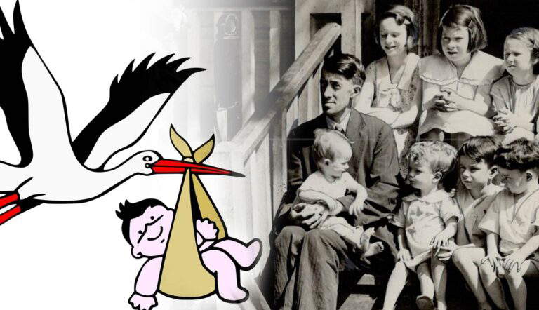 Stork cartoon and large family photo