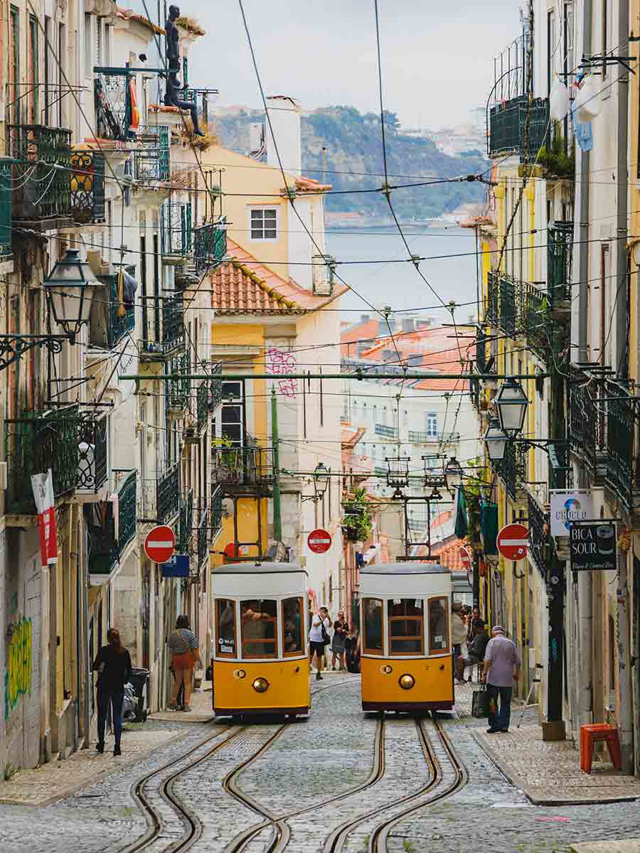 yellow trams lisbon portugal