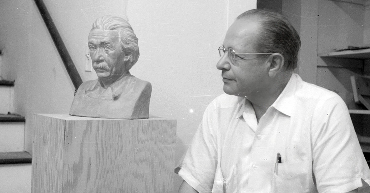Hans Albert Einstein With Bust of father