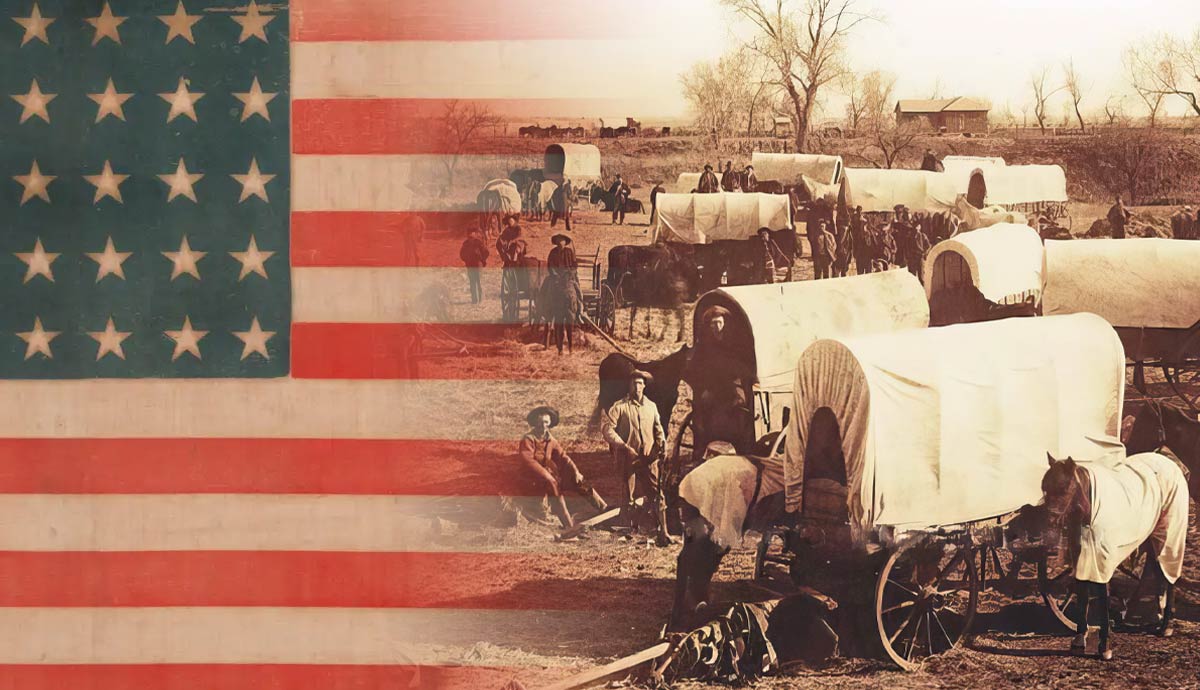 american old west 19th century settles and flag