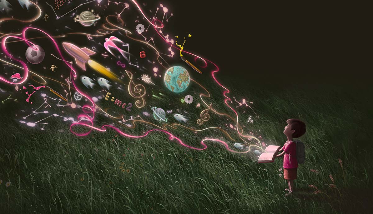 Child reading book unleashing imaginative scientific universe