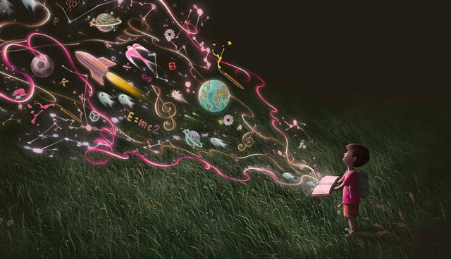 Child reading book unleashing imaginative scientific universe