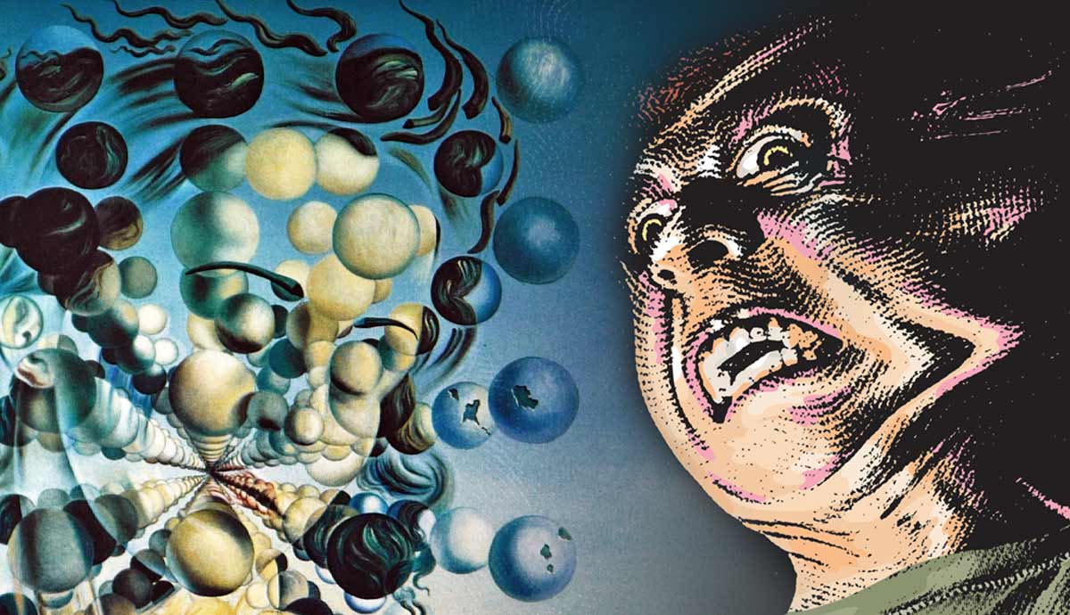 Man amid swirling abstract spheres