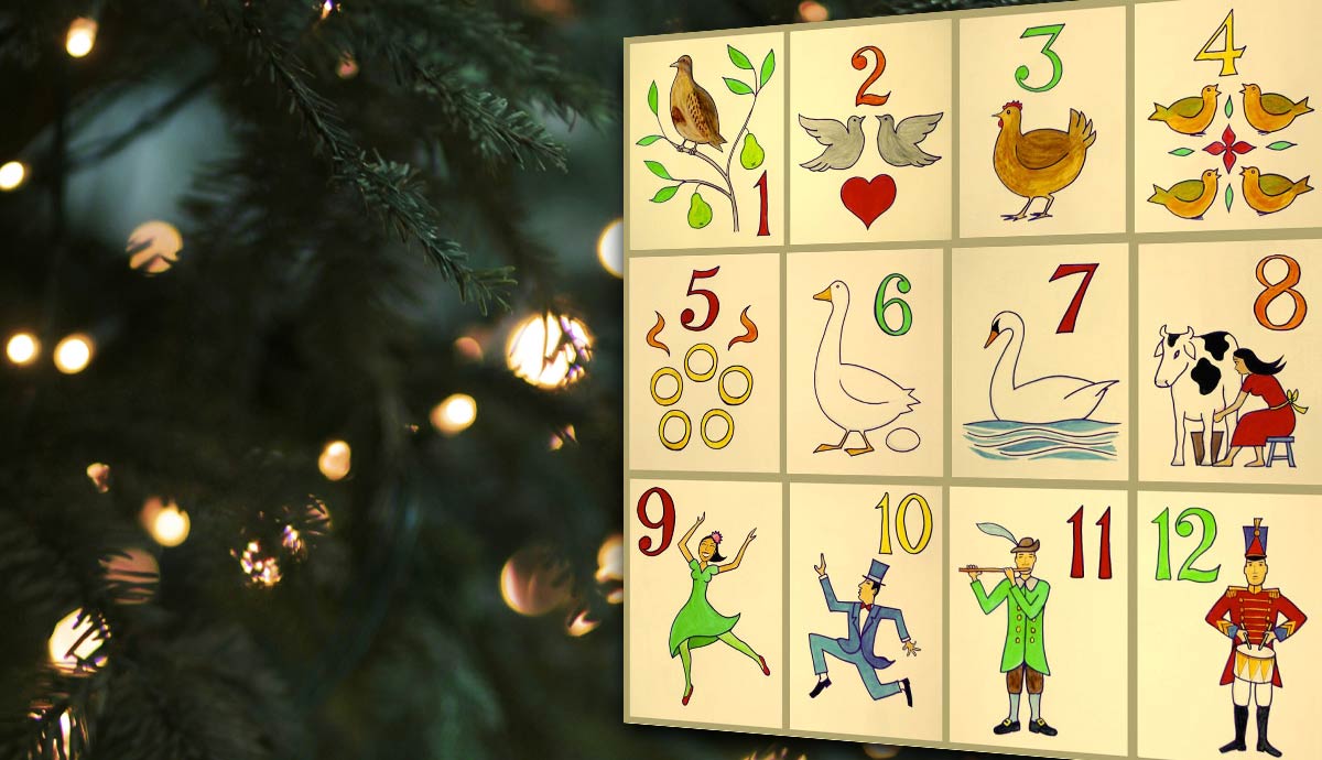 Twelve Days of Christmas chart beside tree