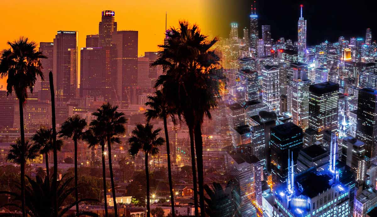 Los Angeles and Chicago skyline composite