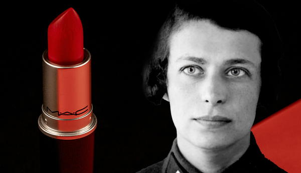 Red lipstick beside woman’s portrait
