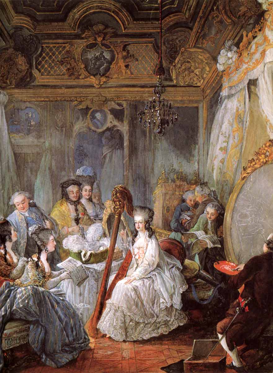 dagoty gautier marie antoinette playing harp painting