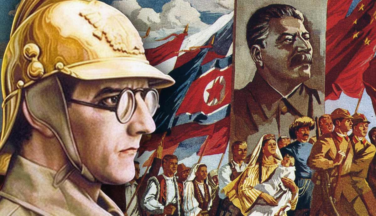 Soviet propaganda poster showing revolutionary figures and marching crowd