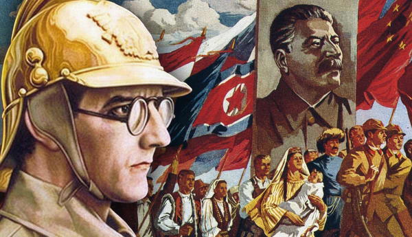 Soviet propaganda poster showing revolutionary figures and marching crowd
