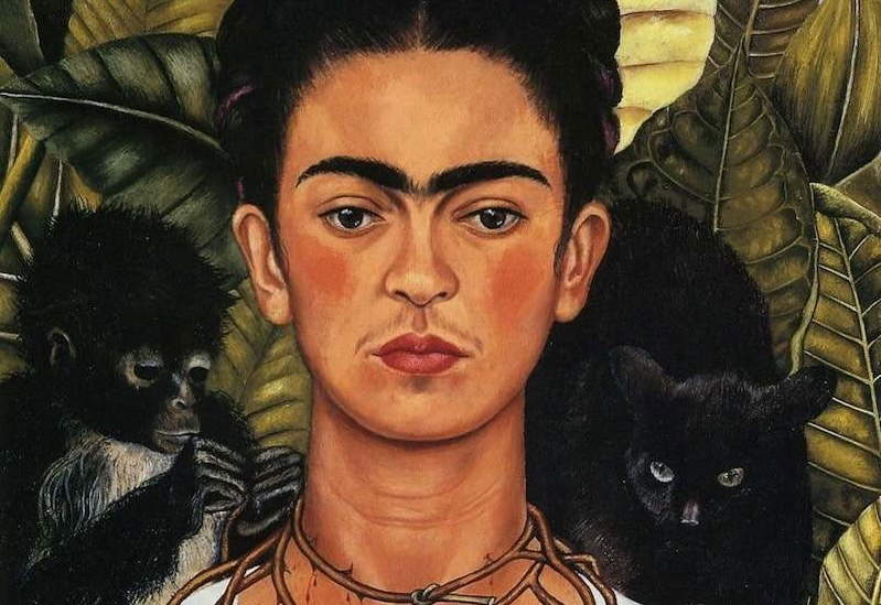 Frida Kahlo self portrait with thorn necklace and hummingbird