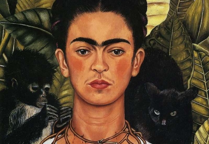 Frida Kahlo self portrait with thorn necklace and hummingbird