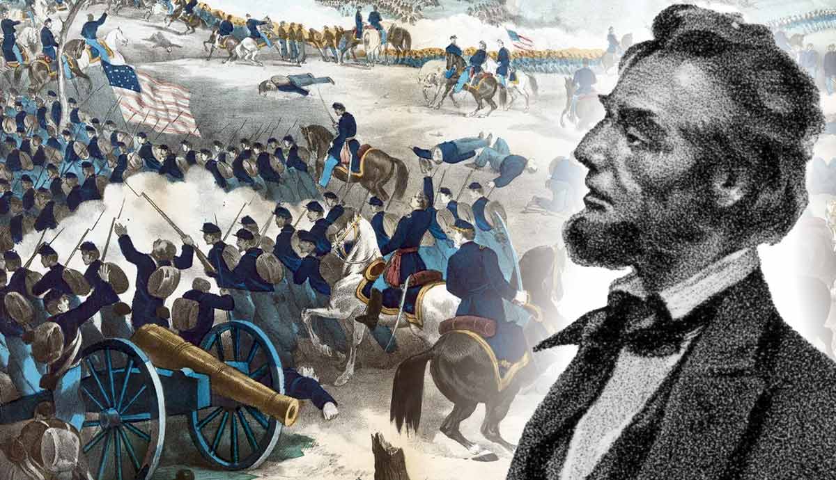 Civil War battle scene with portrait of Abraham Lincoln