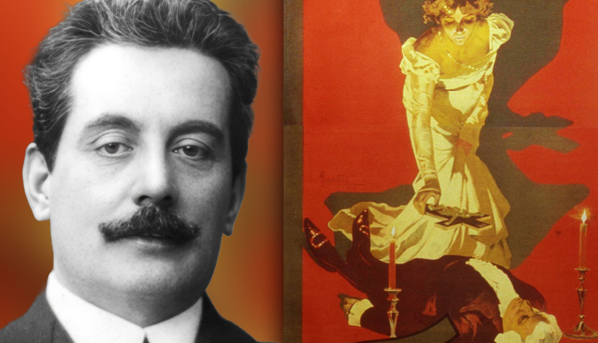 Giacomo Puccini portrait and dramatic opera scene