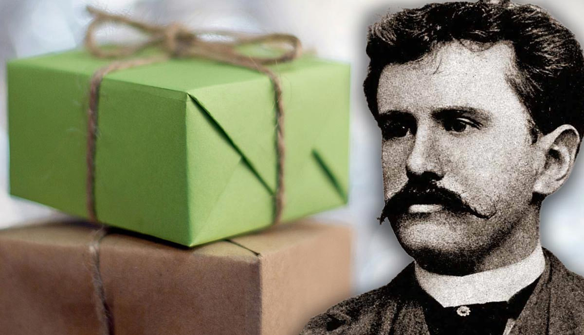 Portrait of O. Henry and Christmas gifts display
