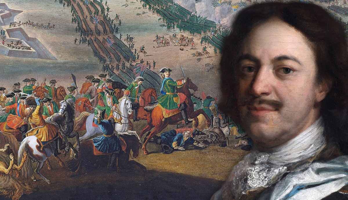Peter the Great portrait over battlefield painting