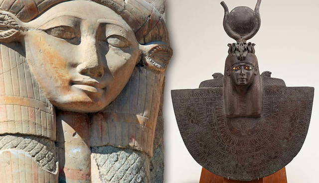 Ancient Egyptian statues of goddesses carved stone