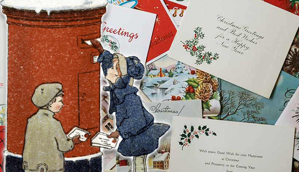 Vintage children posting letters and assortment of Christmas cards