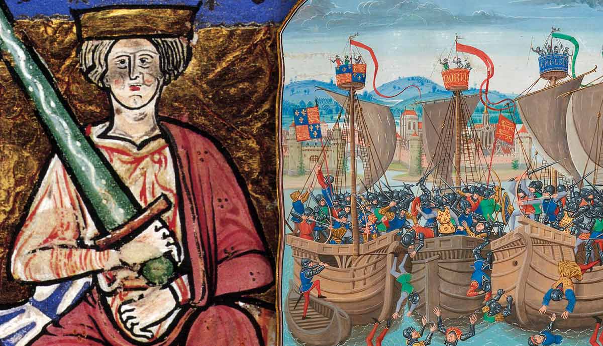 Medieval king and naval battle illustration